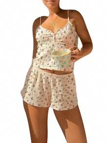 Women Y2k Pajamas Sets Floral Spaghetti Strap Crop Tank Tops + Sleep Shorts Lounge Sets 2 Piece Lace Trim Sleepwear Suit Sleeveless Camisole Tops Lingerie Sets Pjs Matching Outfits Summer Beachwear Homewear - 彩色 - 查看 2
