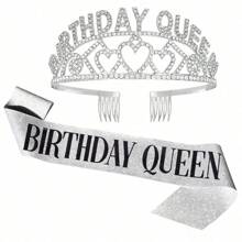 2pcs/Set Birthday Crown, Birthday Queen Belt And Rhinestone Headgear Set, Women's Headgear And Crown, Golden Queen Crown, Elegant Princess Crown With Comb, Sweet Birthday Party Decoration