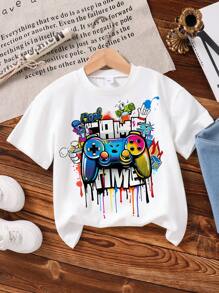 Young Boy Graphic Printed Crew Neck Short Sleeve Casual Top - White - View 1