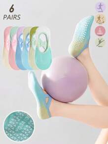 6 Pairs Women's Multi-Color Gradient Non-Slip Silicone Pilates Socks, Suitable For Beginners, Workout, Indoor Yoga, Sports, Casual - 彩色 - 查看 7
