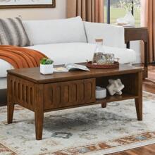 Mesa de centro con pliegues estilo moderno de mediados de siglo con puerta corrediza y patas de madera maciza, mesa de centro de estilo granja vintage para sala de estar, apartamento, oficina, mesa de acento, soporte para TV - Nuez - Ver 1
