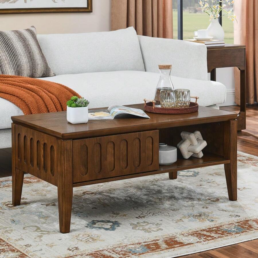 Mesa de centro con pliegues estilo moderno de mediados de siglo con puerta corrediza y patas de madera maciza, mesa de centro de estilo granja vintage para sala de estar, apartamento, oficina, mesa de acento, soporte para TV - Nuez - Ver 1