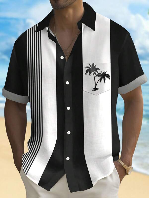 Vintage Coconut Tree & Bowling Stripe 3D Print Plus Size Men Hawaiian Short Sleeve Button Down Shirt