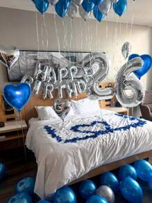 Set de 47 piezas de globos de papel de aluminio con diseño azul "Feliz Cumpleaños" que incluye globos con forma de corazón azules y plateados, adecuado para decorar fiestas de cumpleaños, reuniones familiares y fondos - Multicolor - Ver 5