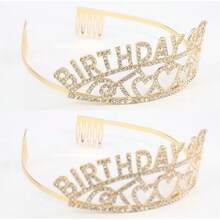 2pcs/Set Birthday Crown, Birthday Queen Belt And Rhinestone Headgear Set, Women's Headgear And Crown, Golden Queen Crown, Elegant Princess Crown With Comb, Sweet Birthday Party Decoration
