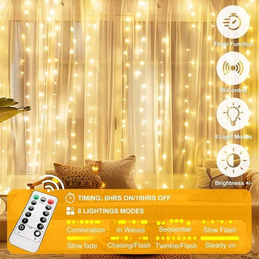 MANHUIDU 窗帘灯，9.9x9.9 英尺 300 个 LED 可调光仙女灯，带遥控器和定时器，8 种模式，USB 供电串灯，适用于房间墙壁派对圣诞节室内装饰，300LED 仙女窗帘灯，暖白色 USB 插入式 8 种模式圣诞串吊灯带遥控器，适用于卧室、室内、室外、婚礼、派对暖白色