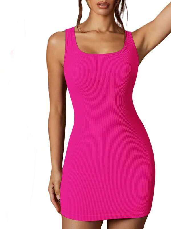 Sqaure Neck Mini Dress For Women Women's Sleeveless Stretch Bodycon Mini Dress Seamless Ribbed Tank Tops Dresses