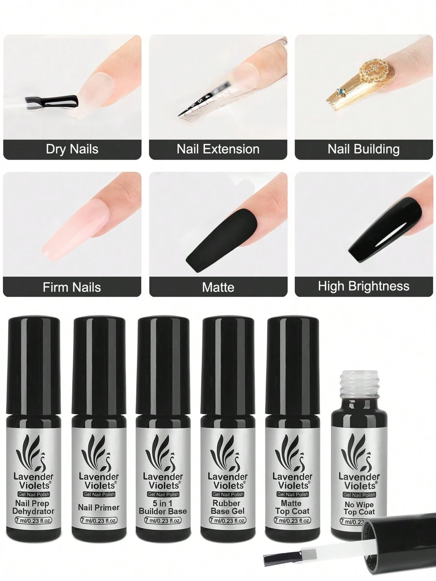 Lavender Violets® 6 Pcs Gel Nail Polish Base And Top Coat Set Nail Prep Dehydrator,Nail Primer,5 In 1 Builder Base,Nude Pink Rubber Base,No Wipe Top Coat,Matte Top Coat Strengthener Nail Extension - Clear - View 1