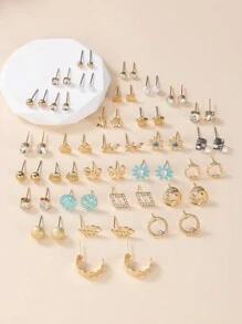 Bộ 30 đôi khuyên tai đính đá hình trái tim, lá, hoa, ngọc trai, chữ bằng kim loại bạc dành cho nữ - Nhiều màu - Xem 3