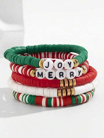 5 قطعة/المجموعة سوار عيد الميلاد للفتيات، من الخرز السيراميكي الناعم باللون الأحمر والأخضر والأبيض، أساور مطاطية، مكتوب عليها "عيد ميلاد سعيد"، هدية عيد الميلاد