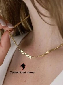 Collar personalizado con nombre de mujer de acero inoxidable, joyería con letra gótica antigua, collar gótico minimalista con cadena cubana gruesa, collar para layering, regalo para esposo, regalo del Día del Padre - Dorado - Ver 1