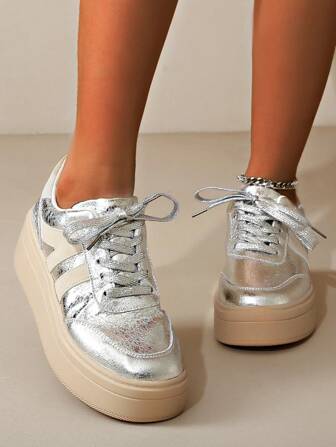 Women's Spring/Autumn Fashion Splice PU Lace-Up Thick Sole Casual Sport Shoes, Suitable For Daily, Running, Comfortable, Versatile, Anti-Slip Wear-Resistant, Silver Leisure Sports Shoes