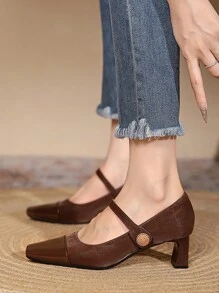 女士方便钩环单带高跟鞋，时尚拼布日常百搭中跟玛丽珍鞋 - 棕色 - 查看 3