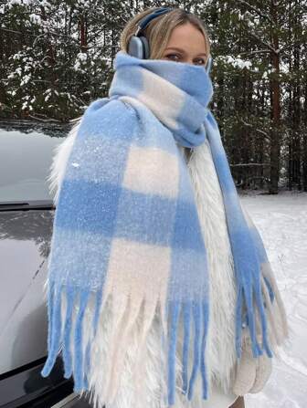 1 件女式蓬松流苏围巾，温暖舒适的披肩围巾，户外防风保暖，简约百搭，适合秋冬季日常穿着