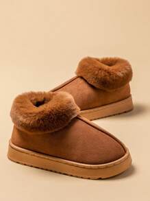 女士时尚高跟毛绒拖鞋，保暖室内家居防滑软底轻便套脚毛绒短靴，秋冬圣诞礼物 - 咖啡棕 - 查看 7