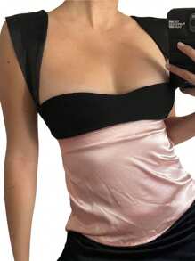 Ladies Summer Splicing Camisole, Women Leisure Style Contrast Color Low Cut Back Tie Up Sleeveless Backless Slim Tops - Rosa - Ver 1