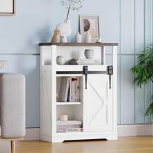 HomelyHues Bathroom Floor Cabinet, Bathroom Cabinet Storage With Sliding Barn Door And 3 Drawers, Small Storage Cabinet With Adjustable Shelves For Bathroom, Kitchen, Living Room, White