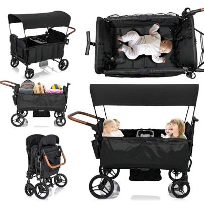 RAGOYO Carro/Cochecito para 4 niños - Cochecito tándem plegable y ligero para viajar, con arnés de 5 puntos, manillar ajustable, toldo, red mosquitera, apoya pies, bandeja para niños, portavasos y almacenamiento