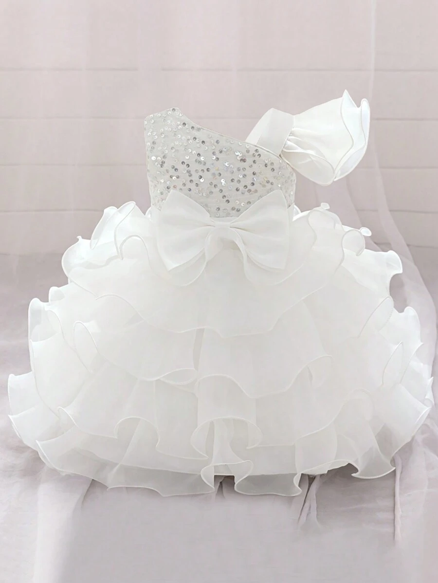 女婴亮片蝴蝶结多层薄纱蛋糕蓬蓬裙公主裙，优雅大方，适合生日派对、婚礼等场合，不含头饰。 - 白色 - 查看 1