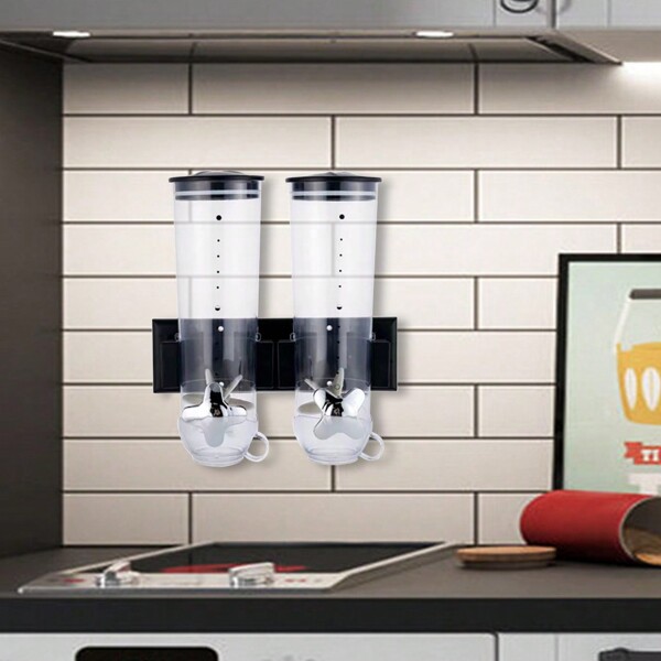 -Silber/Schwarz,Wandmontierter Lebensmittelspender, 1,5 l je Müslibehälter Spender für trockene Lebensmittel, Getreideaufbewahrungsspender für Müsli, Nüsse, Kaffeebohnen, Trail, Süßigkeiten, Haferflocken, Reis, Nudelbehälter