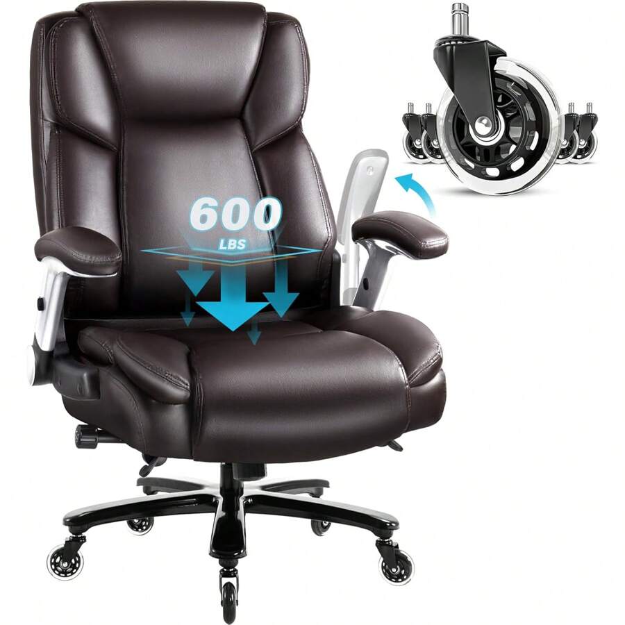 600lbs Large Heavy Duty Office Chair With Flip Up Armrest, Big And Tall Office Chair With Ergonomic Lumbar Support, Leather Office Chair For Heavy People With Quiet Rubber Wheel,Halloween Decor - 棕色 - 查看 1