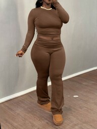 Plus Size Women Casual Solid Color Pleated Fitted Short Long Sleeve T-Shirt And High Waist Flare Pants Coordinated Set, Suitable For Spring And Autumn
