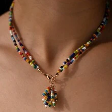 小号彩色珠子流苏吊坠项链 女士时尚日常佩戴首饰 - 彩色 - 查看 1