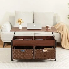 Metal Coffee Table,Desk,With A Lifting Table,And Hidden Storage Space.There Were Two Removable Wicker Baskets That Could Be Placed In Any Space Such As The Living Room,Color:Brownwith Solid Wood Grain - 棕色+鋼色 - 查看 3
