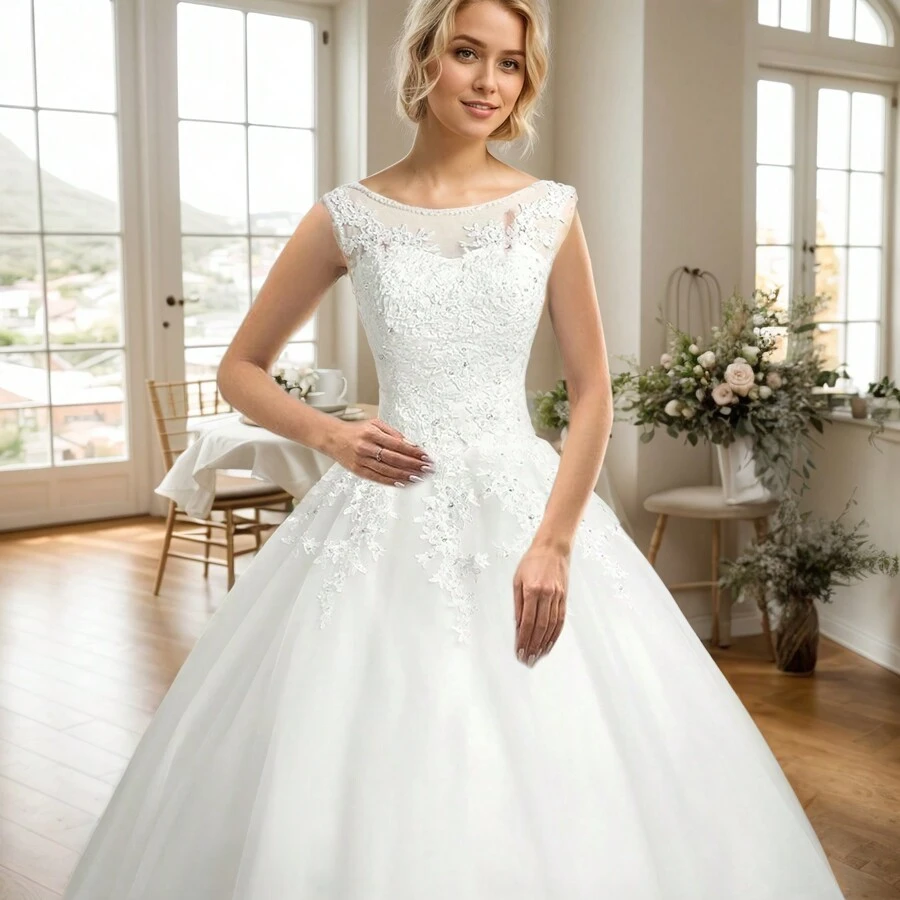 Elegant And Slim-Fitting A-Line Wedding Dress For Women, With Exquisite Lace Embroidered Round Neck And Strappy Back Design, Suitable For Weddings And Parties - Pearl White (thêu ren sang trọng) - Xem 1