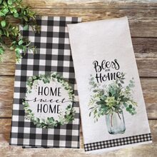 Summer Eucalyptus Greenery Kitchen Dish Towel Set Of 2, Buffalo Plaid Check Absorbent Hand Drying Baking Cooking Cloth, Spring Seasonal Farmhouse Decor Bless Our Sweet Home Decorations - Multicolor - View 2