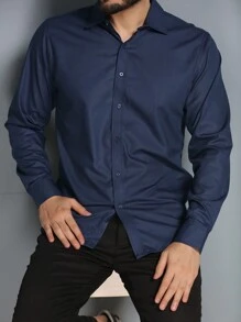 Men's Long Sleeve Slim Fit Dress Shirt - Navy Blue - View 5