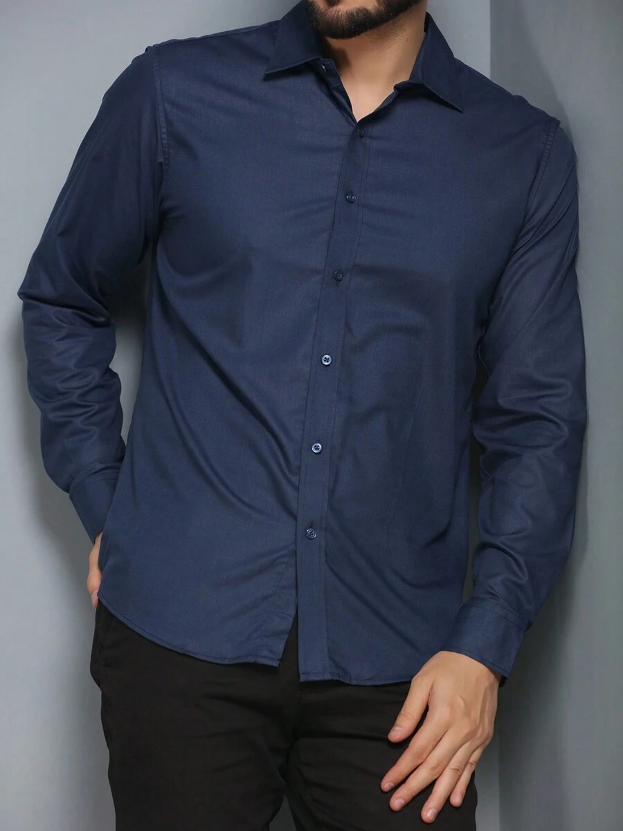 Men's Long Sleeve Slim Fit Dress Shirt - Navy Blue - View 1