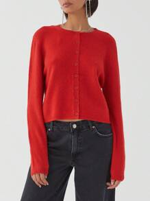 Women's Solid Color Cardigan Long Sleeve Round Neck Button Down Sweater Knit Tops - Red - View 4