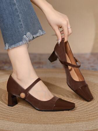 Women's Convenient Hook And Loop Single Strap High Heel Shoes, Fashion Patchwork Daily Versatile Mid Heel Mary Jane Shoes