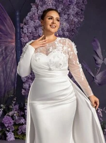 Faeriesty Vestido de novia talla grande con silueta de sirena, cuello redondo y mangas largas de encaje - Silueta de lujoso satén para grandes bodas, galas formales, ceremonias religiosas, despedidas de soltera, celebraciones nocturnas, novia - Blanco - Ver 8