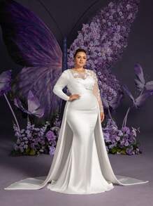 Faeriesty Vestido de novia talla grande con silueta de sirena, cuello redondo y mangas largas de encaje - Silueta de lujoso satén para grandes bodas, galas formales, ceremonias religiosas, despedidas de soltera, celebraciones nocturnas, novia - Blanco - Ver 6