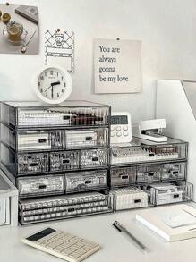 1pc Striped Transparent Stackable Storage Box, Minimalist Desktop Compartment Drawer Organizer