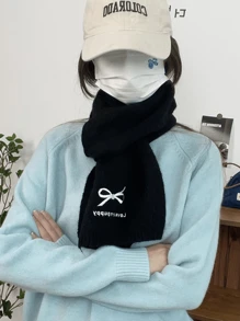 Unisex Embroidered Bow Knitted Scarf, Solid Color Soft Comfortable Thick Warm Neck Warmer, Suitable For Autumn & Winter