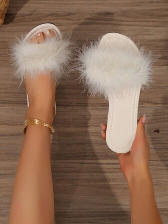 Women's New Fashion Fluffy Slip-On Slippers, Indoor And Outdoor Non-Slip Flat Slides, Elegant French Style, Available In Light Blue, Beige, White, Yellow, Haze Blue, Light Green, Black