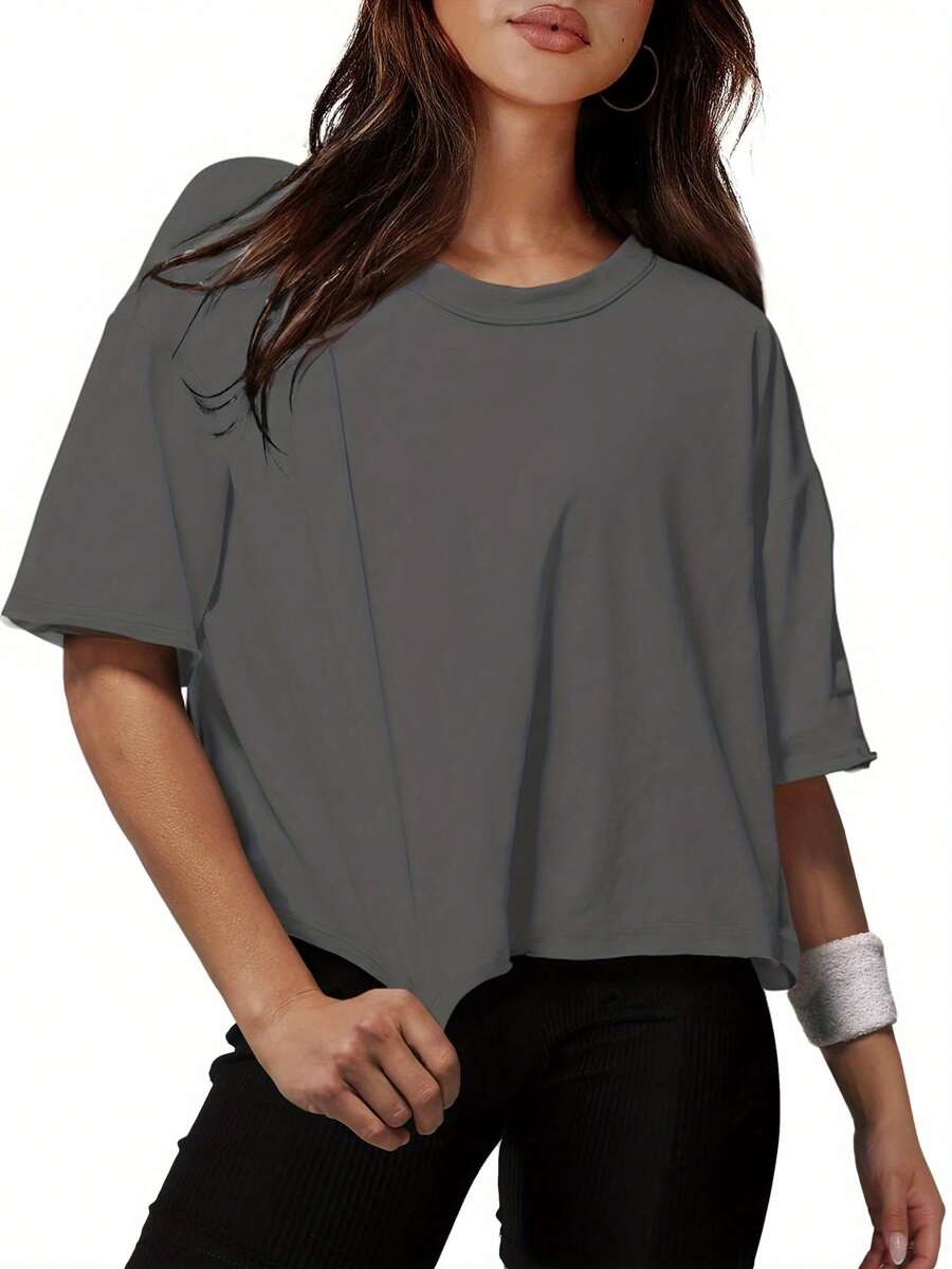 OUTBALL Women's Short Sleeve Comfy Basic Workout Gym Crop Tops Casual Loose Oversized T-Shirts - 灰色 - 查看 1