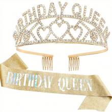 2pcs/Set Birthday Crown, Birthday Queen Belt And Rhinestone Headgear Set, Women's Headgear And Crown, Golden Queen Crown, Elegant Princess Crown With Comb, Sweet Birthday Party Decoration