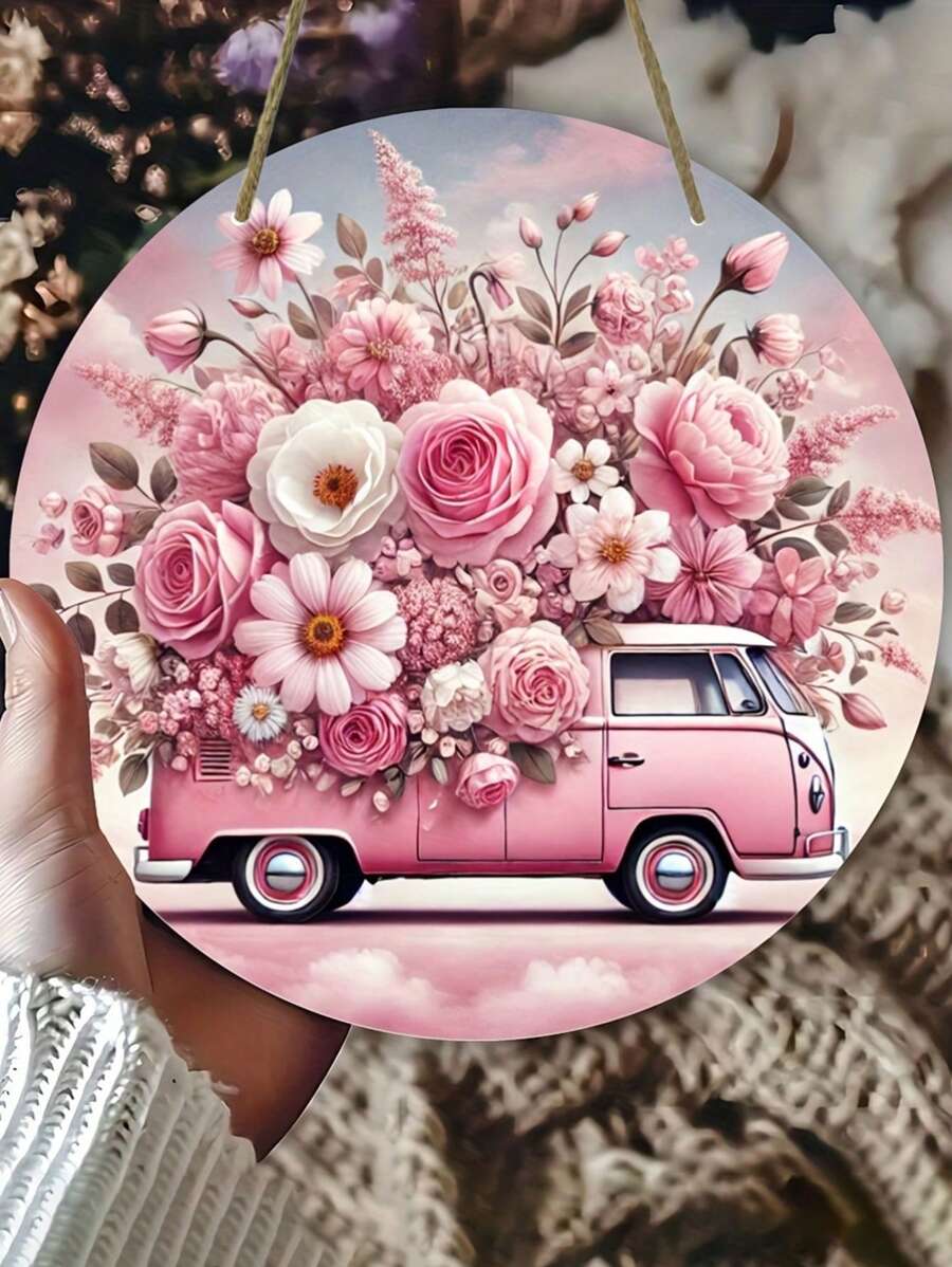 1pc Vintage Floral Wreath Wooden Sign - Round Decor With Classic Pink Truck And Floral Design, Easy To Hang, Suitable For Home, Club, Bar, Valentine's Day Decoration,Home Decor ,Room Decor,Wall Decor Gifts Birthday Graduation - Multicolor - View 1