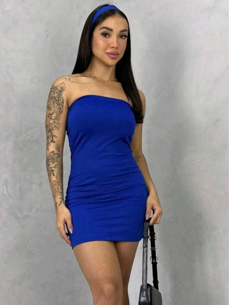 Women's Strapless Short Dress Double Suplex Fabric Blogger - 藍色 - 查看 1
