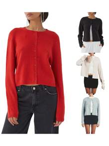 Women's Solid Color Cardigan Long Sleeve Round Neck Button Down Sweater Knit Tops - Red - View 3