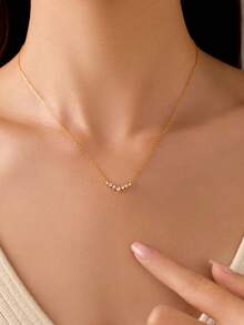 BALMORA 1pc Luxurious Elegant S925 Sterling Silver V-Shaped Cubic Zirconia Pendant Necklace Plated 18K Gold Collarbone Chain For Women Gift - Gold - View 3