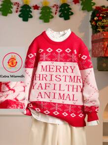 RUNONWHEELS 5 Halloween Merry Christmas Printed Casual Solid Color Crew Neck Loose Fit Long Sleeve Knit Sweater For Women (Shirt Not Included)