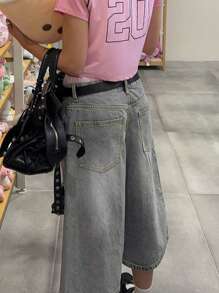 Y2K Vintage Washed Cat Whisker Pocket Wide Leg Bermuda Denim Jeans Shorts, Casual Capri Pants Summer - Light Grey - View 2