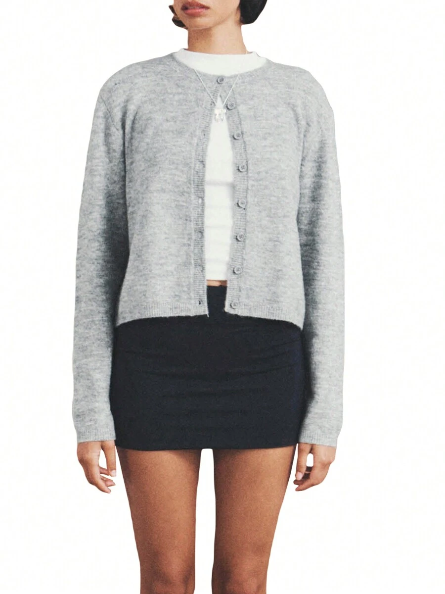 Women's Solid Color Cardigan Long Sleeve Round Neck Button Down Sweater Knit Tops - Light Grey - View 1