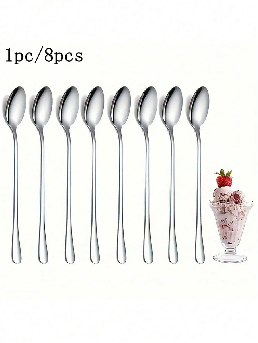 1 cái/8 cái, Thìa trà đá cán dài bằng thép không gỉ, Thìa cà phê, Muỗng múc kem, Thìa khuấy cocktail bằng thép không gỉ, Dụng cụ pha cà phê, Dụng cụ nhà bếp, Phụ kiện nhà bếp