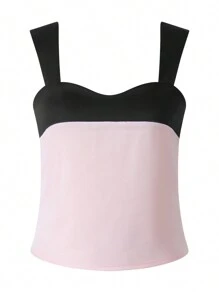 Ladies Summer Splicing Camisole, Women Leisure Style Contrast Color Low Cut Back Tie Up Sleeveless Backless Slim Tops - Rosa - Ver 8